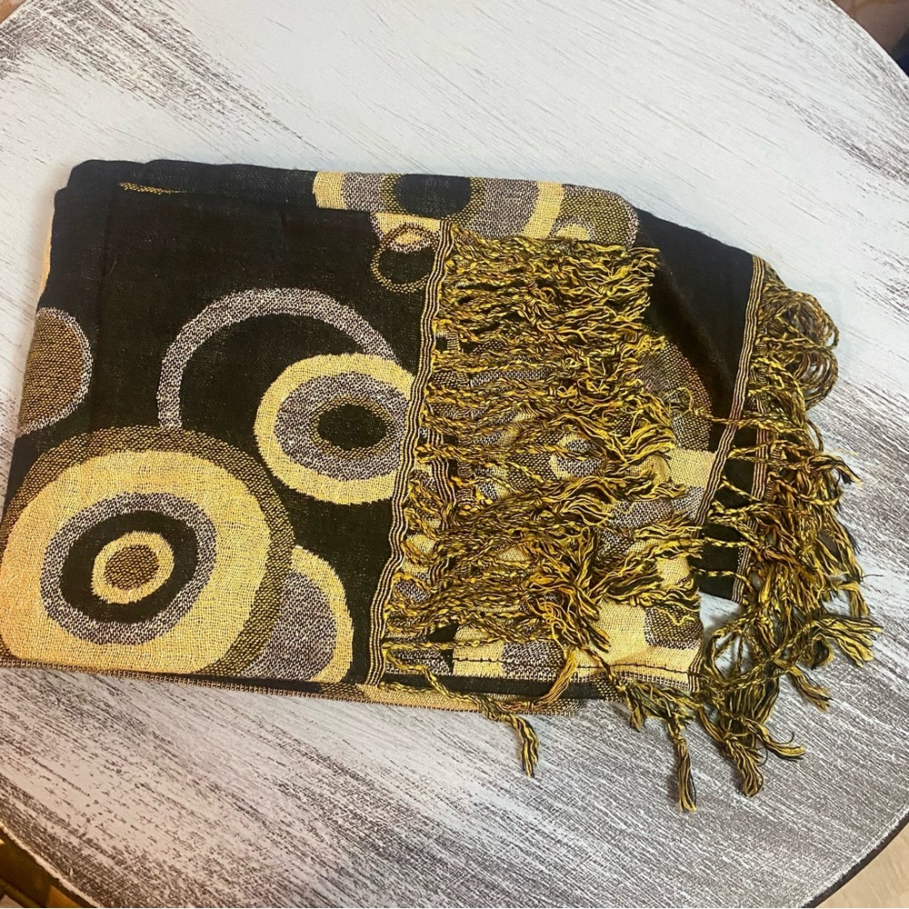 pashmina Black and Gold Patterned Fringe Scarf